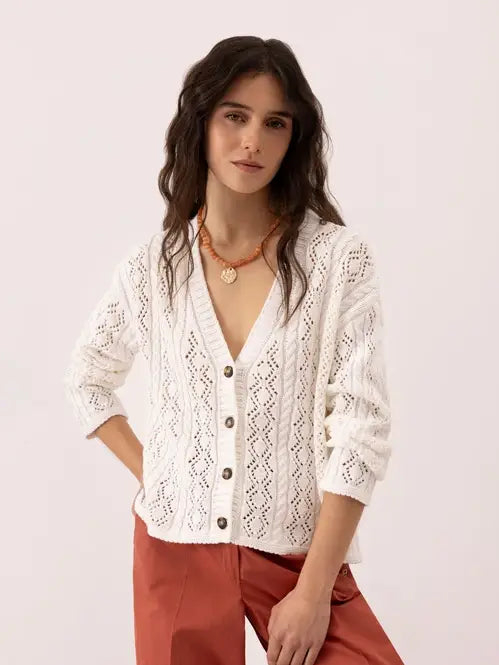 Knit Cotton V-neck Cardigan in White by LANIDOR