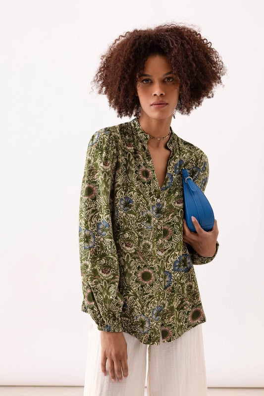 Floral Balloon Sleeve Blouse in Green by LANIDOR