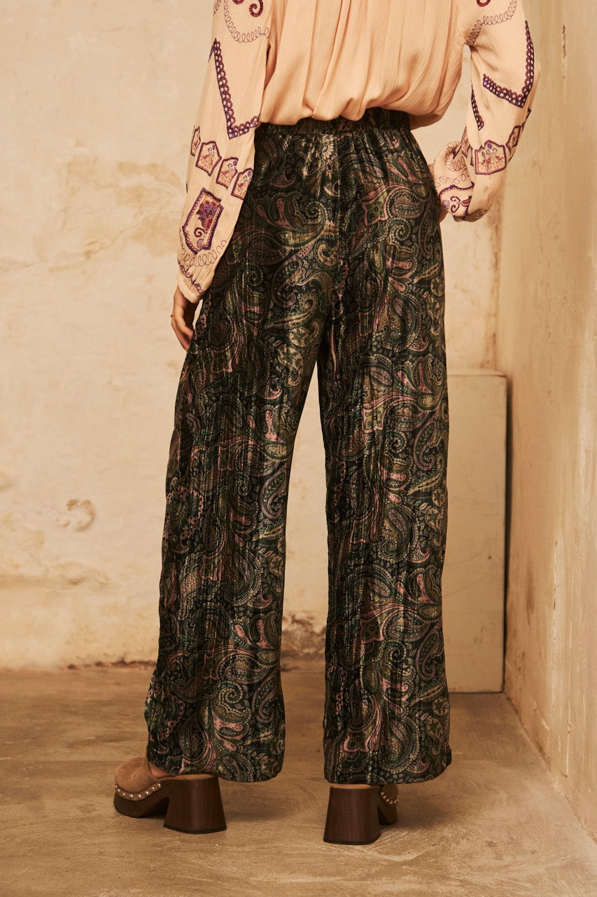 Printed Velvet Trousers in dark green by NKN