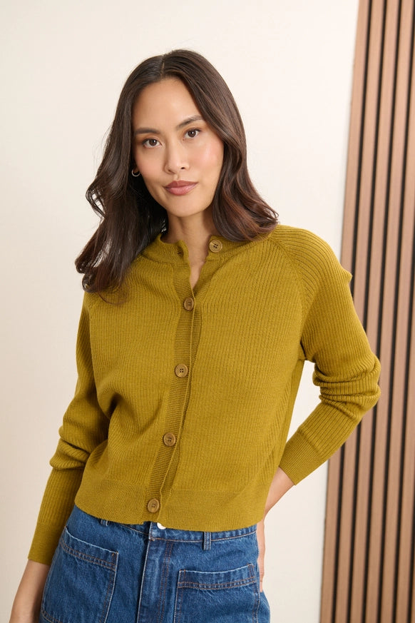 Woolen Rib-Knit Cardigan in Olive by GARANCE PARIS