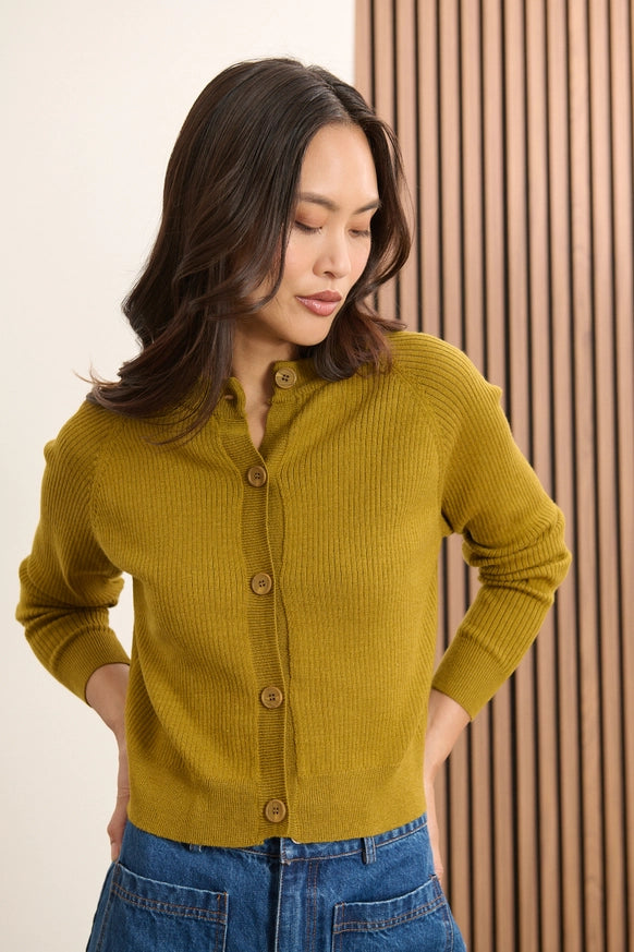 Woolen Rib-Knit Cardigan in Olive by GARANCE PARIS