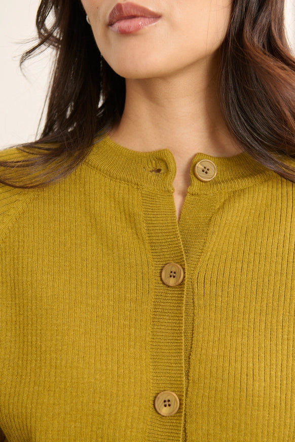 Woolen Rib-Knit Cardigan in Olive by GARANCE PARIS