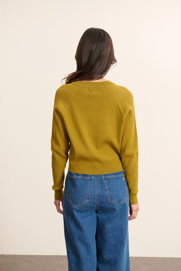 Woolen Rib-Knit Cardigan in Olive by GARANCE PARIS