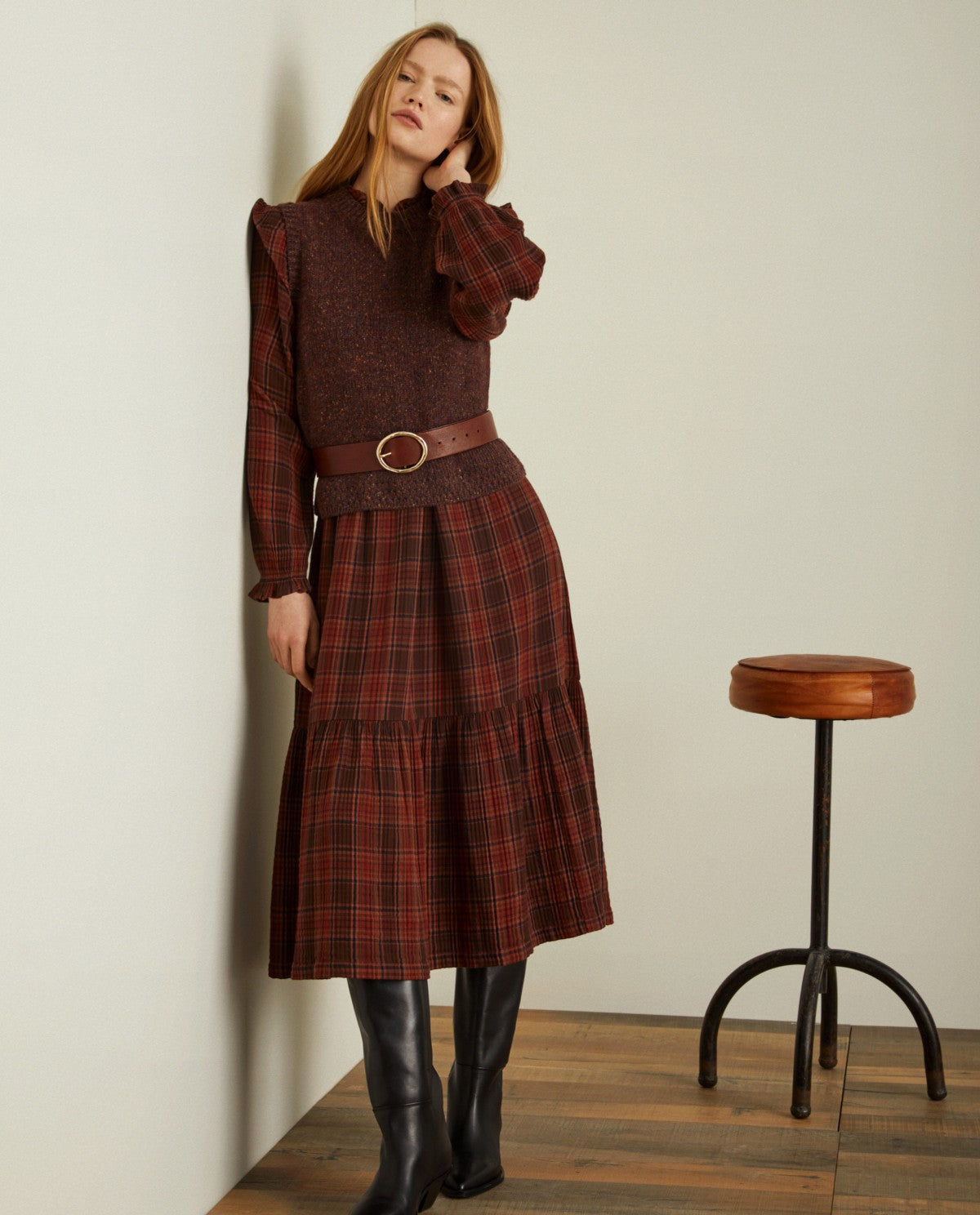 Plaid chocolate cotton dress by YERSE